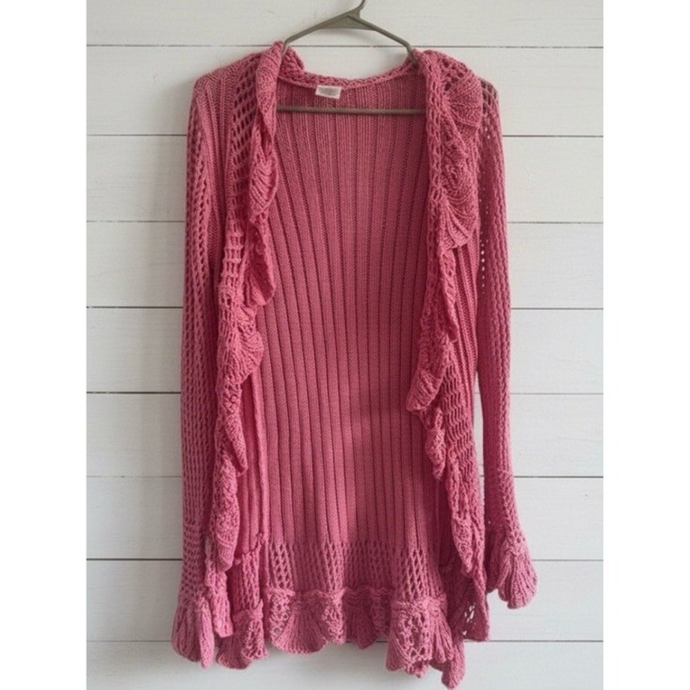 No Boundaries Pink Crochet Ruffle Open Front Cardigan Sweater Boho Y2K Size M